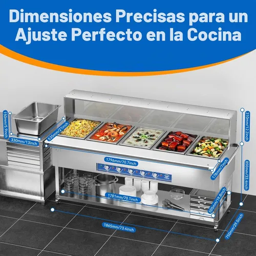 Vista 2 de TOPKITCH - Mesa de vapor eléctrica, 220 V, 5 sartenes independientes GN de 19.5 L (5 x 750 W), control de temperatura independiente, cubierta