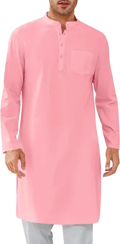 Vista 13 de Bata de caftán para hombre, con botones, manga larga, estilo Henley, de algodón, casual, con abertura lateral Blanco