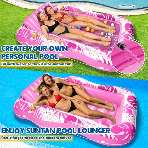Vista 4 de Tumbona de piscina bronceadora – Flotador inflable grande de 59 x 78.7 pulgadas para adultos, bañera de sol 2 en 1 y balsa de descanso con soportes