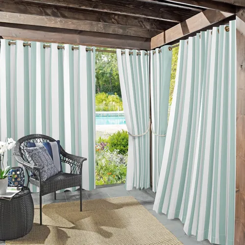 Vista 19 de Par de paneles de cortina con ojales Sun Zero Valencia estilo cabaña a rayas para interior/exterior con protección UV y eficiencia energética