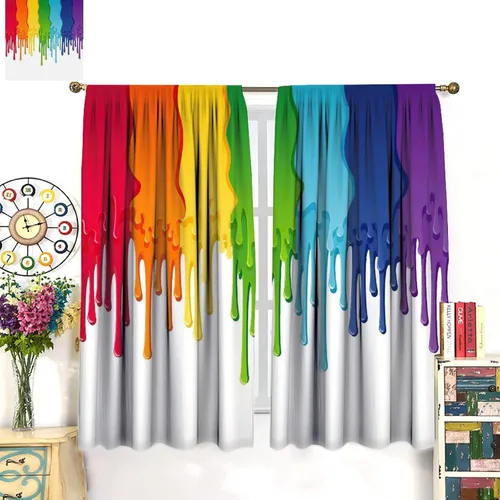 Vista 3 de Cortinas opacas abstractas de arco iris, pintura de color arcoíris con gotas, diseño gráfico creativo con bolsillo para barra, para sala de estar