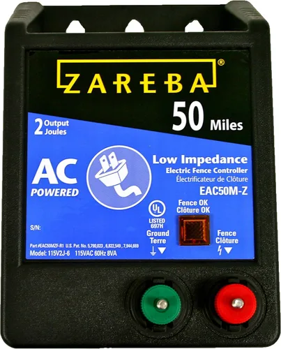 Vista 2 de Zareba EAC50M-Z - Cargador eléctrico de valla de baja impendencia alimentado por CA – Energizador eléctrico de 50 millas para cerca, contiene