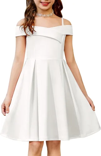Vista 15 de Arshiner Vestido de verano para niñas con hombros descubiertos, plisado, formal, elegante Azul