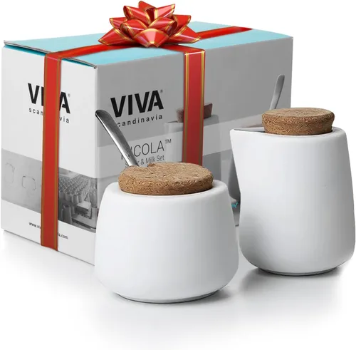 Vista 4 de Viva Nicola Juego de Cremera y Azúcar de Carbón – Cremera de Café de Porcelana y Azucarero con Tapa de Corcho y Cuchara, 7oz / 200ml Juego de Leche