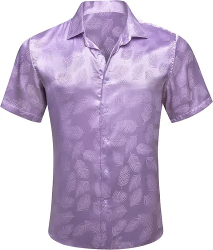 Vista 2 de YOHOWA Camisa de seda para hombre, diseño de cachemira floral, jacquard, manga corta, con botones, formal, informal, para bodas, fiestas