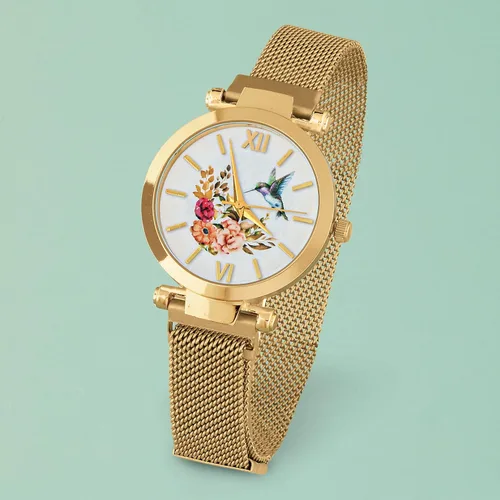 Vista 2 de Collections Etc Reloj magnético ajustable con banda de malla de colibrí, Oro, Moderno