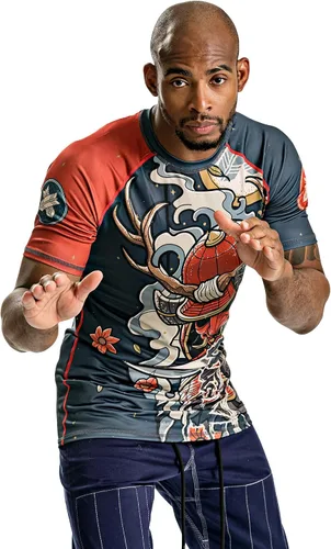 Vista 4 de Ronin Rash Guard Manga Corta Jiu Jitsu MMA BJJ - Oni Bushi Samurai Demon Calidad y durabilidad