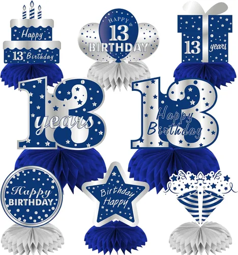 Vista 7 de 8 centros de mesa de panal azul plateado para décimo cumpleaños de niños, suministros de fiesta de cumpleaños para decoración de mesa, decoración