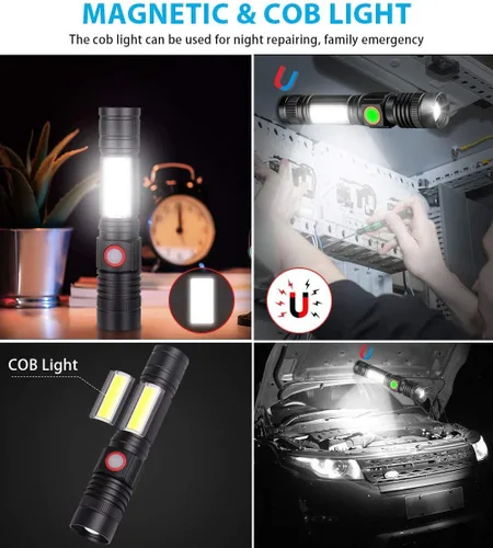 Vista 2 de Linterna táctica recargable, (sin batería), linternas magnéticas USB con luz de flash COB, 4 modelos, zoomable, impermeable, Vnina LED linterna