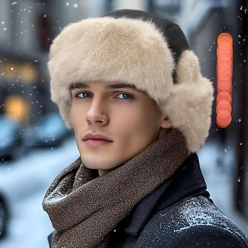 Vista 4 de Croogo Sombrero esquimal para clima frío, sombrero de trampero grueso de invierno, sombrero ruso Ushanka, resistente al viento, sombrero de esquí
