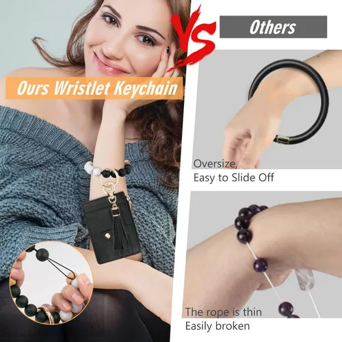 Vista 4 de Cartera llavero pulsera para mujer, delgado RFID tarjeta de crédito, monedero, borla llavero brazalete para hombres y mujeres, negro, (Rfid-black)