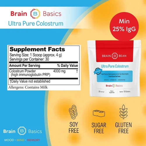 Vista 4 de Brain Basics Calostro ultra puro, 4000 mg por porción, mínimo 25% de anticuerpos IgG, salud intestino-cerebro-inmune, cabello y piel brillantes.