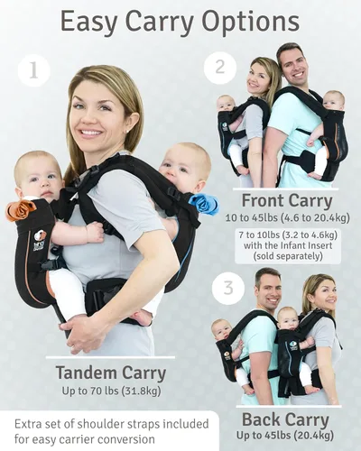 Vista 2 de TwinGo Portabebés - Modelo Air - Negro clásico - Ideal para todas las estaciones - Malla transpirable - Tándem totalmente ajustable o 2 portabebés