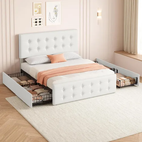 Vista 4 de IDEALHOUSE Marco de cama tamaño completo con 4 cajones de almacenamiento y cabecero, marco de cama plataforma tapizada en cuero sintético con Beige