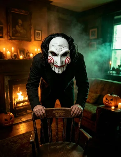 Vista 7 de Máscara de rompecabezas, disfraz de Billy The Puppet para adultos, máscara de cabeza completa de Halloween
