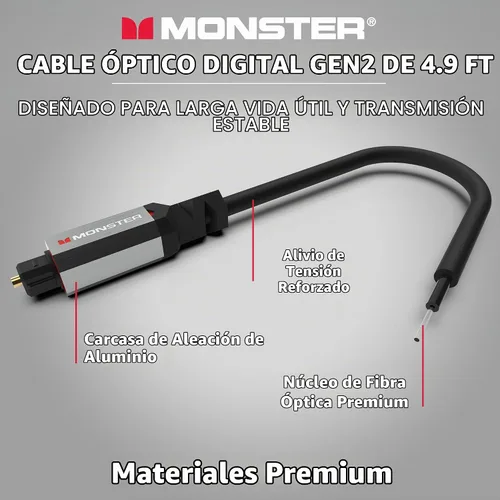 Vista 3 de Monster Gen2 Essentials - Cable de audio óptico digital (Toslink, SPDIF), cable de fibra óptica para TV, barra de sonido y sistema de cine en casa