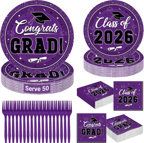 Vista 13 de QZYL 200 suministros para fiesta de graduación 2026, platos y servilletas de graduación negros y dorados, platos de postre desechables y tenedores