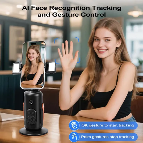 Vista 3 de Trípode automático de seguimiento facial de 360°, soporte para teléfono con base, transmisión en vivo/videoconferencia/artefacto de vlog, control