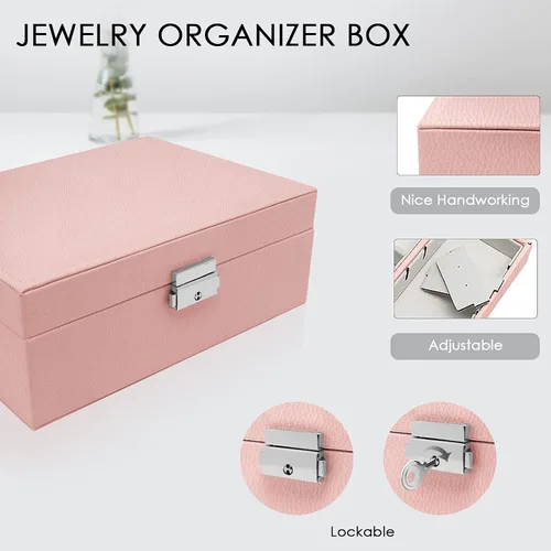 Vista 5 de XMJXBOX Organizador de joyas de 2 capas, joyero para mujeres y niñas, caja organizadora de joyas de piel sintética con cerradura de llave