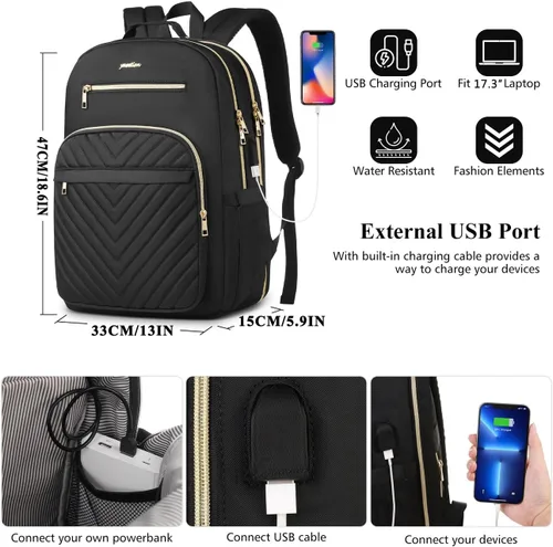 Vista 3 de YAMTION Mochila para laptop para mujer, mochila USB para negocios, trabajo, oficina, universidad, estudiantes, profesoras, color negro, 17.3 pulgadas