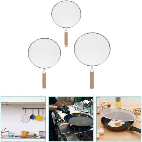 Vista 6 de 3pcs Splatter Screen Stainless Steel Pan Oil Guard with Long Handle