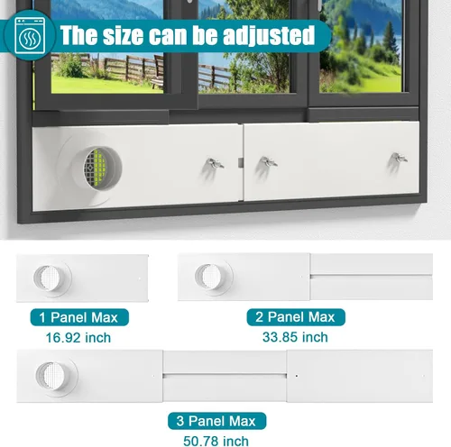 Vista 3 de Kit de ventana de ventilación para secadora, kit de ventilación de ventana ajustable y conector de codo de 90° para manguera de escape de secadora