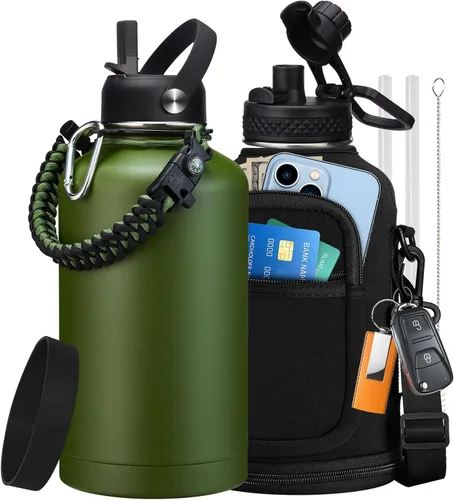 Vista 9 de Botellas de agua de 32 onzas aisladas con pajita y tapa para beber de un sorbo, asa de paracord, bolsa de transporte con correa, termo de triple