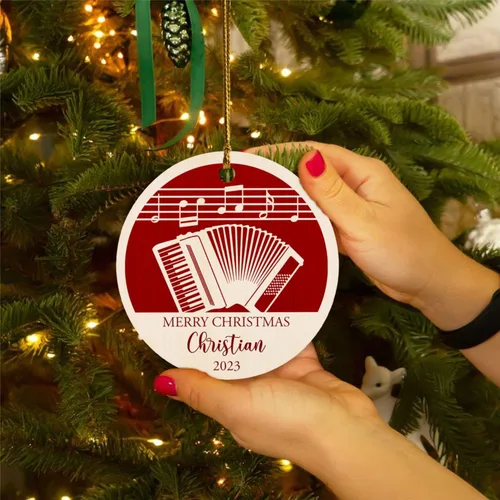 Vista 2 de Adorno de Navidad de instrumento musical de acordeón, nombre personalizado y adorno de año para acordeonista, regalo de profesor de música