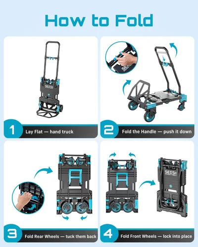 Vista 5 de SEESII Camión de mano plegable 2 en 1, carrito de 330 libras 4/2 con ruedas Azul