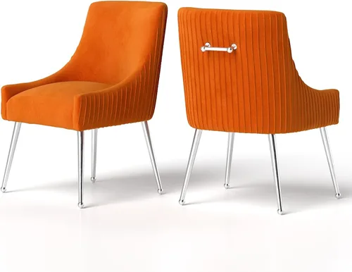 Vista 16 de Sillas de comedor de estilo moderno de terciopelo tapizado, silla de acento de tocador con barra vertical, silla capitonada con patas plateadas