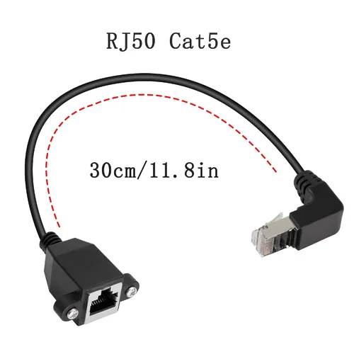 Vista 5 de QIANRENON Cable de extensión Ethernet de montaje en panel RJ50 10P10C de 90°, 10P 10C hembra a macho en ángulo recto, Cat5E, blindado, 11.8 in/11.8