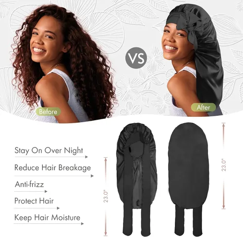 Vista 4 de BONNET QUEEN Braid Bonnet Silk Bonnet Foldable Extra Long Wrap for Braids Satin Bonnets with Tie Band Long Sleep Cap