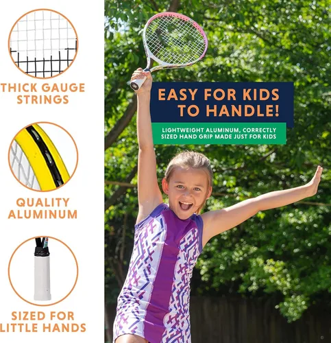 Vista 9 de Raqueta de tenis para niños con videos de entrenamiento – Raqueta de tenis juvenil de aluminio con mango de neopreno para niños de 5 a 12 años