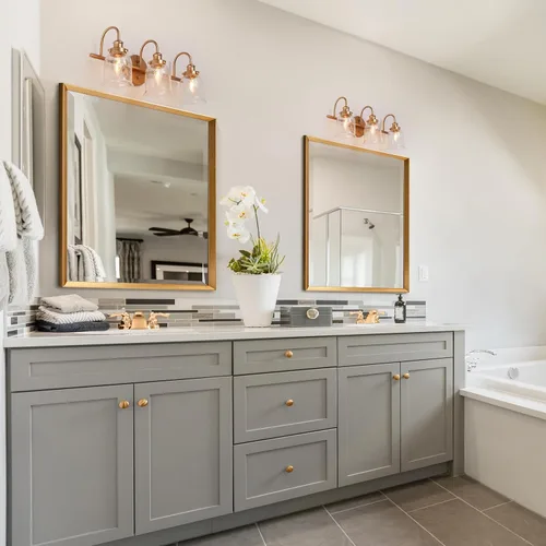 Vista 6 de Lámpara de tocador dorada, moderna lámpara de baño sobre espejo, iluminación de tocador de 3 luces con pantalla de vidrio sembrado