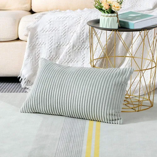 Vista 4 de Artscope Fundas de almohada de pana a rayas acogedoras súper suaves decorativas oblongas, fundas de cojín para sofá, dormitorio, decoración de Gris