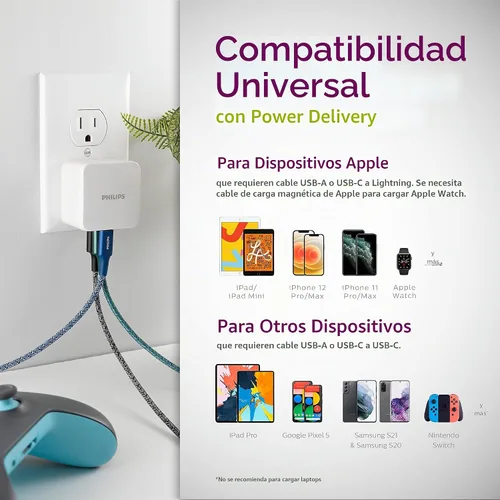 Vista 4 de Philips Bloque de cargador de pared USB para iPhone, 20 W, 1 puerto USB C, bloque de carga de 2 puertos tipo A para iPhone 15, 14, 13 series, iPad