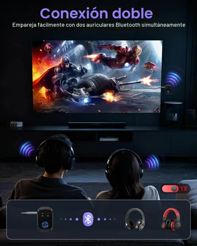 Vista 4 de Receptor transmisor Bluetooth 5.4, adaptador de audio inalámbrico 2 en 1 compatible con 2 auriculares, llamadas manos libres, 11.5H RX/10H TX