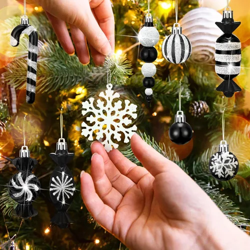 Vista 4 de 120 Piezas Adornos para Árbol de Navidad en Blanco y Negro Bola de Navidad Copo de Nieve Colgantes Adornos de Dulces Remolino Adorno de Piruleta