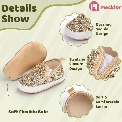 Vista 3 de Meckior Zapatos de lona para bebés, niñas y niños, suela suave, para niños pequeños, sin cordones, recién nacidos, cuna, mocasines, zapatillas