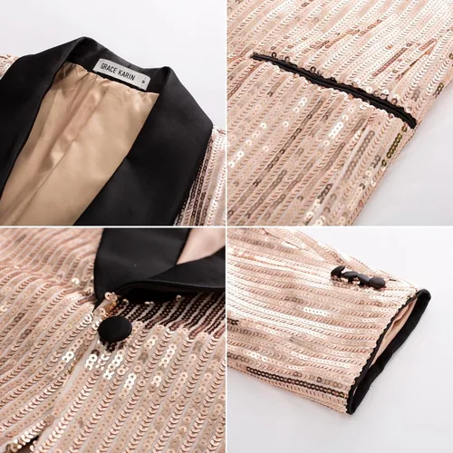 Vista 5 de GRACE KARIN Blazer de lentejuelas brillantes para hombre, con un botón, chal, solapa, esmoquin, fiesta, cena, baile de graduación