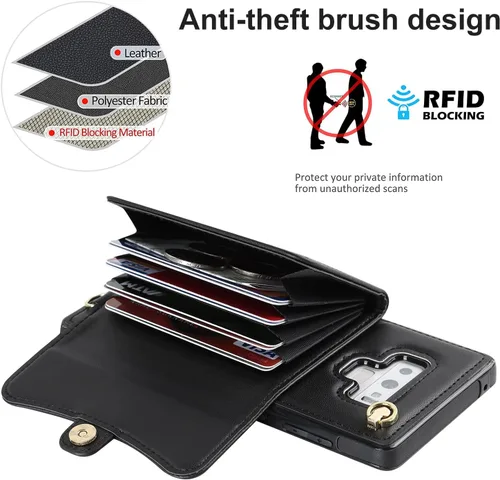 Vista 4 de Asuwish Funda de teléfono para Samsung Galaxy Note 9 con bloqueo RFID, tarjetero para tarjetas de crédito, correa cruzada de muñeca, soporte