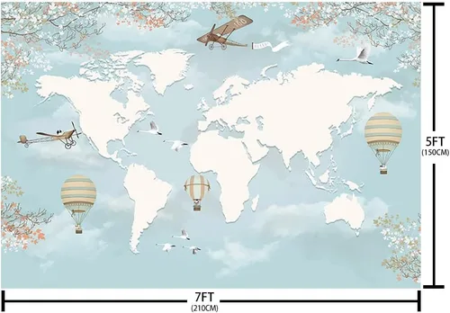Vista 5 de Sendy Fondo de viaje de 7 x 5 pies, decoración de fiesta de baby shower, mapa del mundo alrededor del mundo, aventura espera avión, cumpleaños
