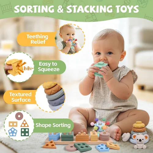 Vista 7 de YHHYTOY Juguetes Montessori 6 en 1 para bebés de 0-6 6-12 meses, juguetes de dentición para bebés, bloques apilables suaves, anillos clasificadores
