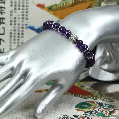 Vista 3 de Piedra preciosa natural con plata de ley 925 con cabeza de Buda de 0.315 in, cuentas redondas, pulsera elástica de 7 pulgadas Amatista