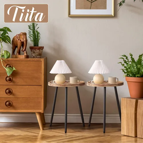 Vista 7 de Tiita Mesa auxiliar redonda mental, mesita de noche, mesas pequeñas de madera, mesa de centro con bandeja de madera para sala de estar, dormitorio