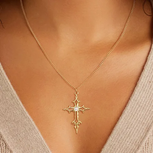 Vista 4 de Collar de cruz para mujer, chapado en oro de 14 quilates, circonita cúbica, collar con colgante de cruz, joyería cristiana, regalos para mujeres