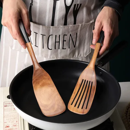 Vista 2 de 2 piezas de juego de espátulas de madera para cocinar Utensilios de cocina de teca no tóxicos sin BPA, espátula ranurada para panqueques, espátula 2