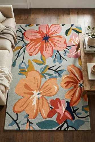 Vista 3 de Restoration and Renovation Alfombra de lana floral copetuda a mano Diseño moderno de flores coloridas, alfombra gruesa y suave para sala de estar