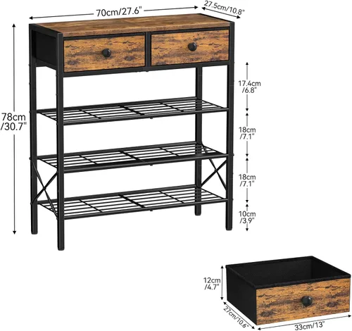 Vista 3 de Zapatero para entrada, organizador de zapatos de 4 niveles con 2 cajones no tejidos, estante de almacenamiento de metal para 12-16 pares de zapatos