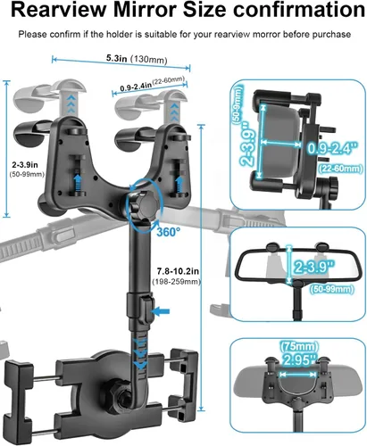Vista 4 de Soporte para tableta de espejo retrovisor para automóvil, soporte para tableta de automóvil, clip universal giratorio de 360°, para iPad Pro Air